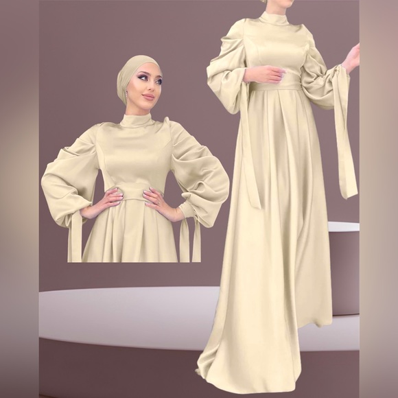 Satin dress with wide belt and ribbon puff sleeves - Picture 3 of 3